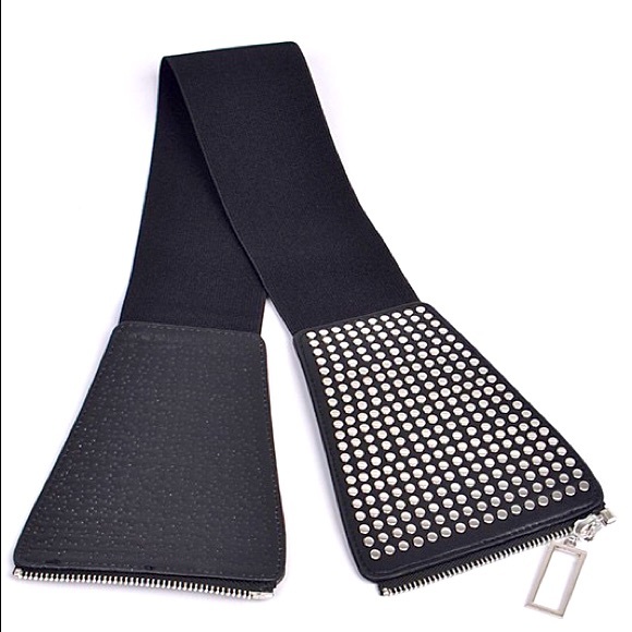 Black Leather Wide Elastic Studded Waist Statement Belt - Picture 5 of 9